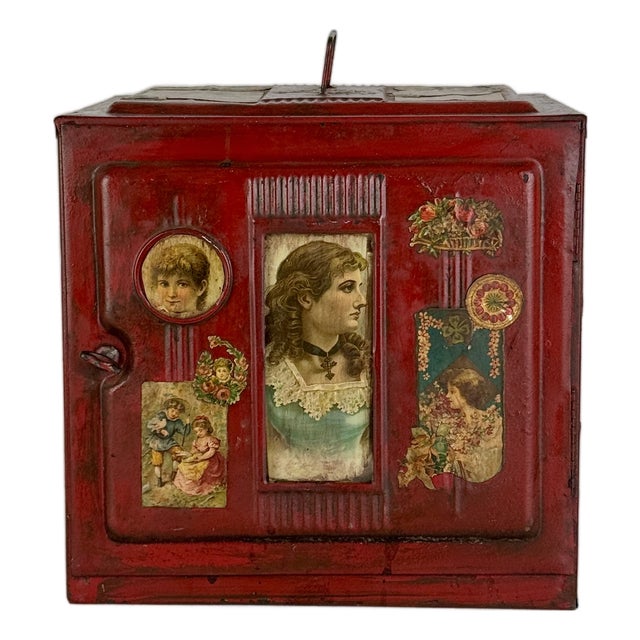 Rare Late 19th Century Red Metal Pie/Bread Safe Box With Decoupage Victorian Finish For Sale