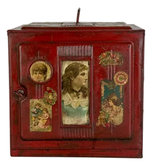 Rare Late 19th Century Red Metal Pie/Bread Safe Box With Decoupage Victorian Finish