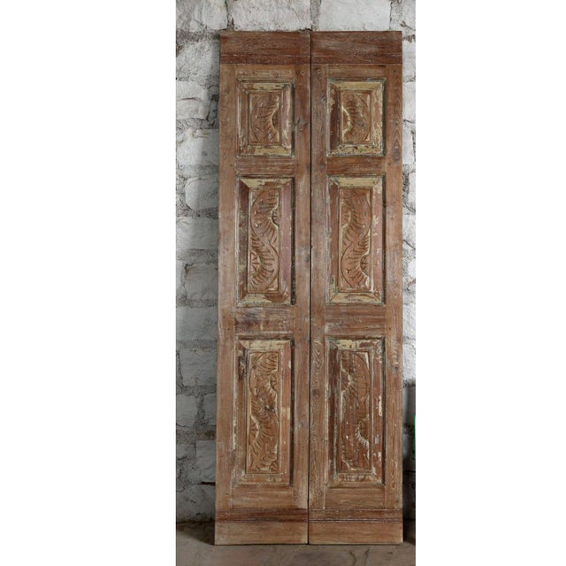Mid-Century Modern Antique Carved Wood French Doors – Rustic Modern Double Doors 80x29 For Sale - Image 3 of 5