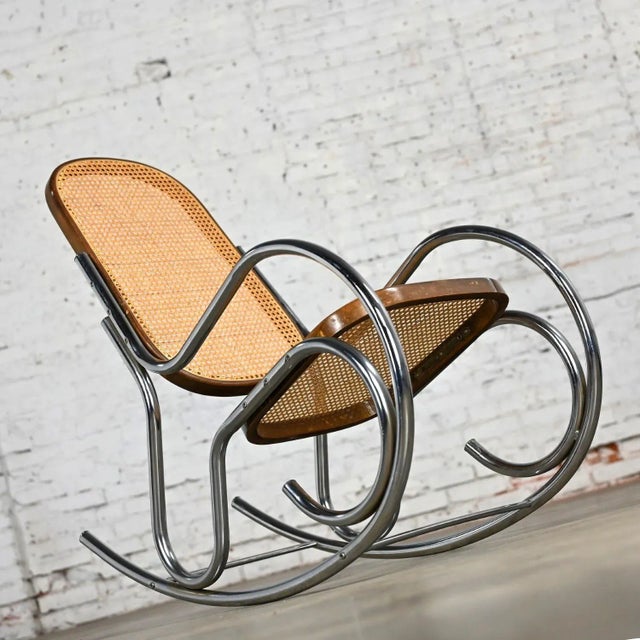1970’s Bauhaus Style Chrome Tube Bentwood & Cane Rocking Chair or Rocker For Sale - Image 4 of 12