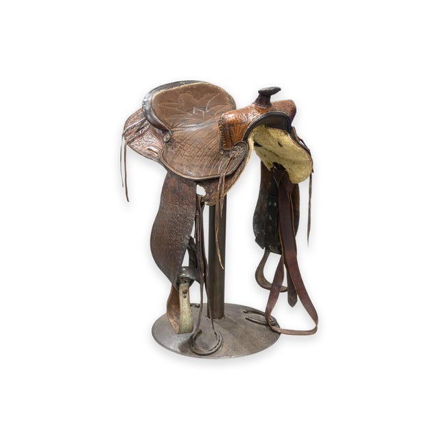 Contemporary Custom Made Whiskey Barrel Pub Table With 4 Horse Saddle Stools For Sale - Image 13 of 14