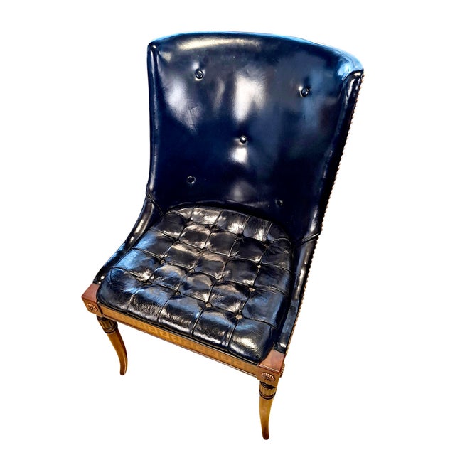 Neoclassical Neoclassical-Style Tufted Leather Side Chair With Greek Key Trim For Sale - Image 3 of 10