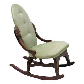 Mid 20th Century Vintage Children's Victorian Small Cherry Wood Green Rocking Chair Rocker For Sale
