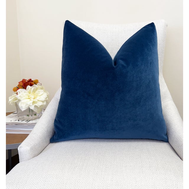 Modern Indigo Blue 20x20 Velvet Throw Pillow With Feather Down Insert For Sale - Image 3 of 4