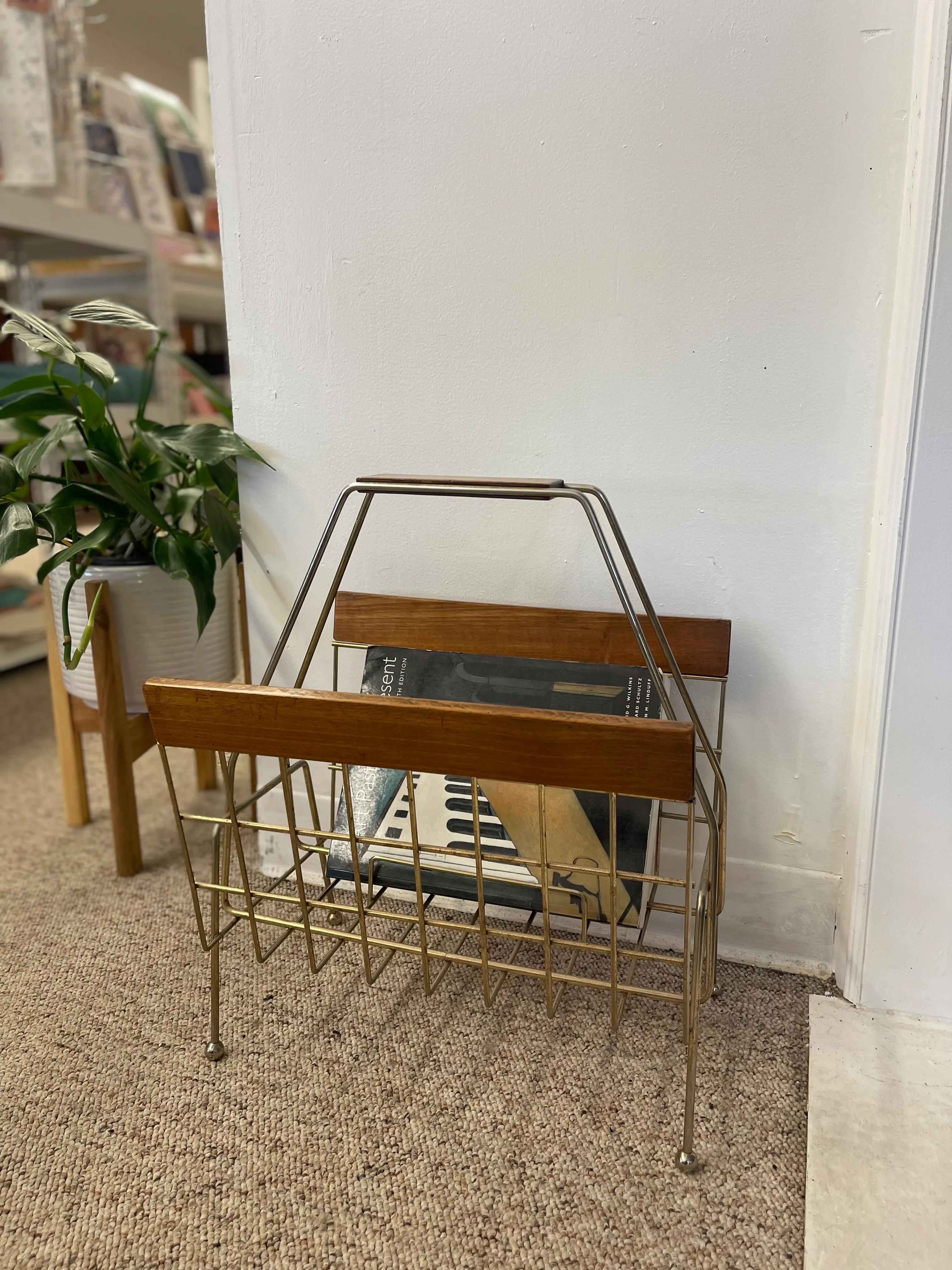 1960s Mid-Century Modern Brass Toned Wire and Wood Magazine Rack