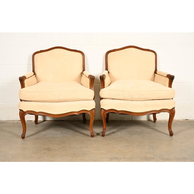 French Provincial Baker Furniture French Provincial Louis XV Carved Fruitwood Bergère Chairs, Pair For Sale - Image 3 of 14