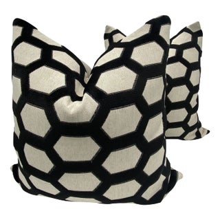 Black and Flax Hexagon Pillows- a Pair For Sale