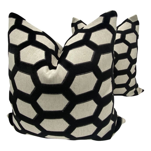 Black and Flax Hexagon Pillows- a Pair For Sale