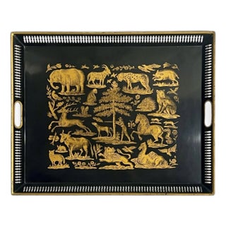Black & Gold Tole Tray – Hollywood Regency Hunt Scene, Fornasetti Style, Large Decorative Tray For Sale