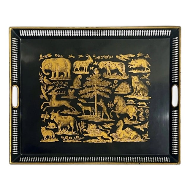 Black & Gold Tole Tray – Hollywood Regency Hunt Scene, Fornasetti Style, Large Decorative Tray For Sale