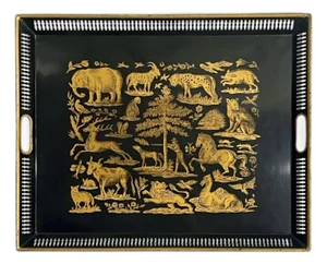 Black & Gold Tole Tray – Hollywood Regency Hunt Scene, Fornasetti Style, Large Decorative Tray