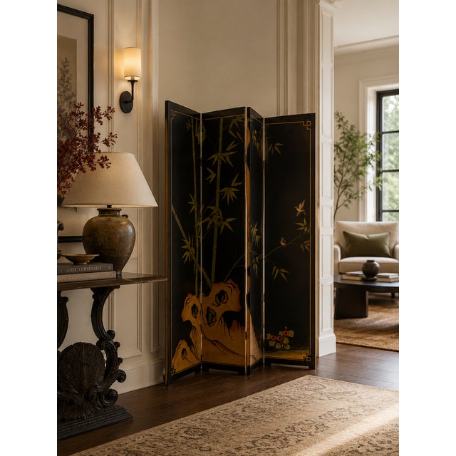Vintage Asian Chinoiserie 4-Panel Gold Leaf Room Divider Screen With Cranes For Sale In Miami - Image 6 of 13