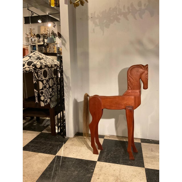 Large Carved Wood Horse With Horse Hair Tail For Sale - Image 9 of 12