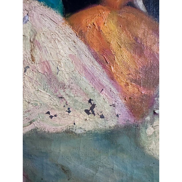 Green Vintage Oil on Canvas Dancing Ladies Signed Art For Sale - Image 8 of 10