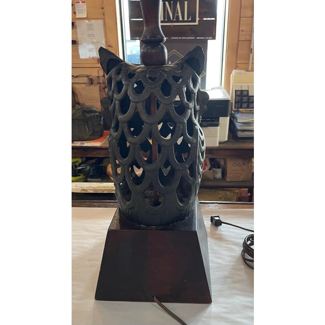 Vintage Mid-Century Sculptural Cast Metal Owl Table Lamp With Walnut Base For Sale - Image 10 of 12