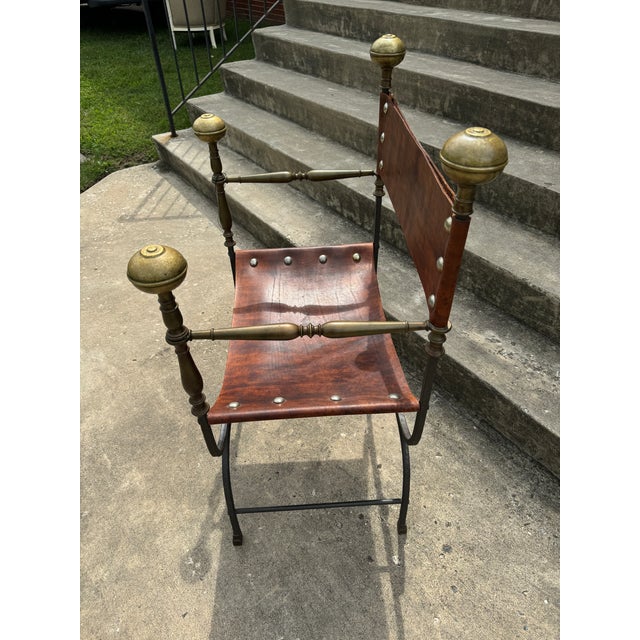 Italian Vintage Italian Wrought Iron, Brass & Leather Curule Chair For Sale - Image 3 of 11