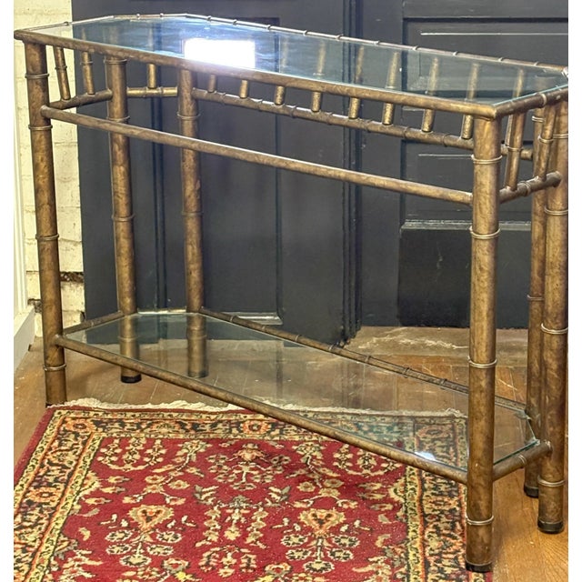 Hollywood Regency 1960s Vintage Metal Faux Bamboo and Glass Console Sofa Table For Sale - Image 3 of 8