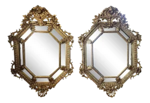 French Louis XIV Octagonal Gilt Palace Mirrors - a Pair