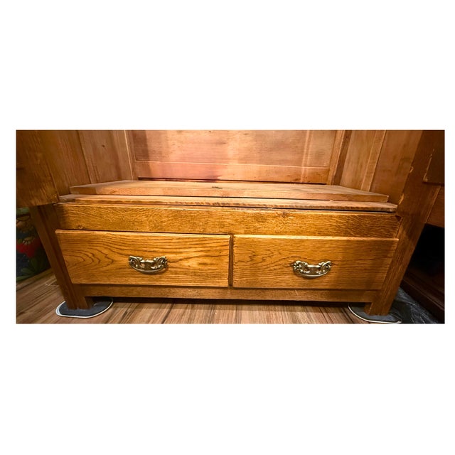 **Antique Oak Wardrobe Armoire**Massive Storage Space**Carved Wood Ornate Hardware** For Sale - Image 9 of 12