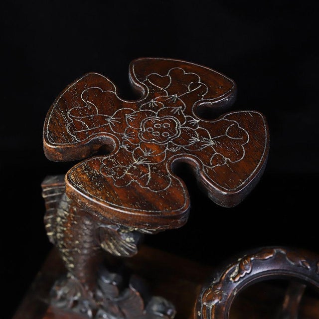 Vintage Chinese Huali Rosewood Wine Rack | Carved Lotus & Carp Motif Display Stand For Sale In Los Angeles - Image 6 of 9
