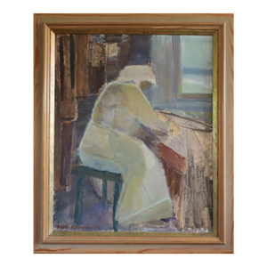 1955 Mid-Century Modern 'A Moment to Herself' Vintage Swedish Figurative Oil Painting, Framed