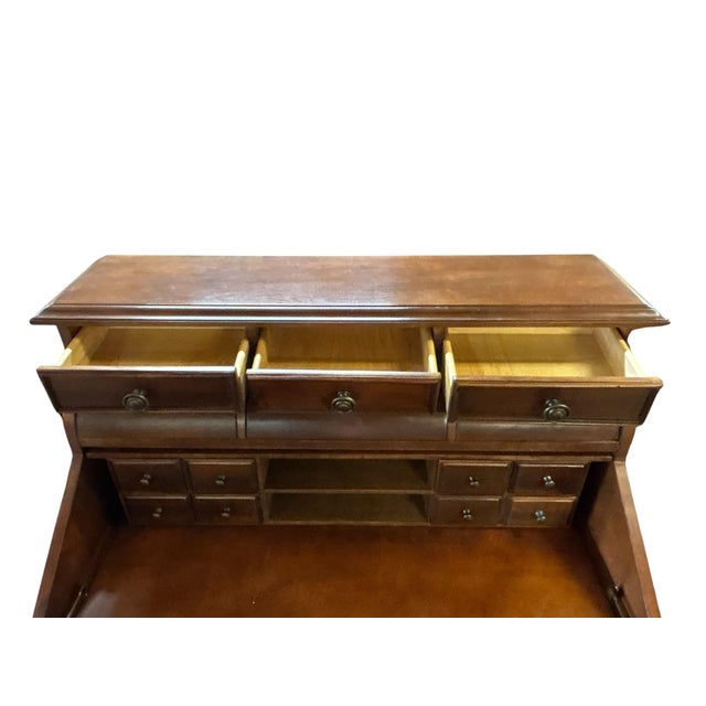 Textile Traditional Cherry Secretary Desk With Tambour Storage and Compass Inlay French Style Secretary Desk With Inlay For Sale - Image 7 of 12