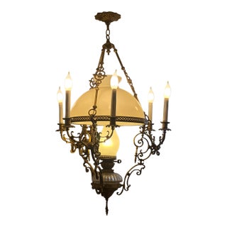Vintage Ornate Brass Chandelier / Hanging Light Fixture For Sale