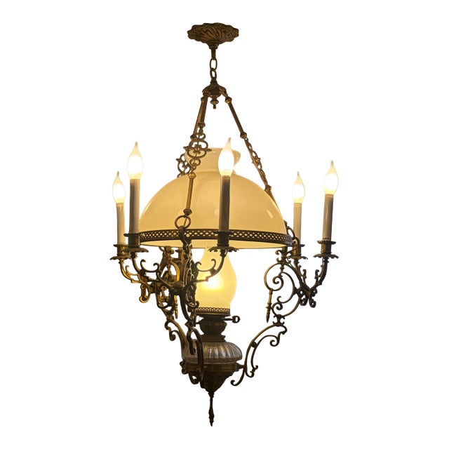 Vintage Ornate Brass Chandelier / Hanging Light Fixture For Sale