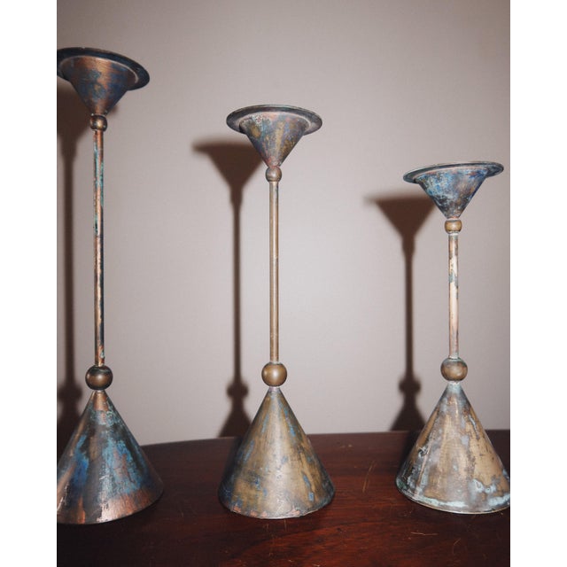 Metal Set of Three Bronze Candlesticks by Christian De Beaumont, France, 1980s For Sale - Image 7 of 8