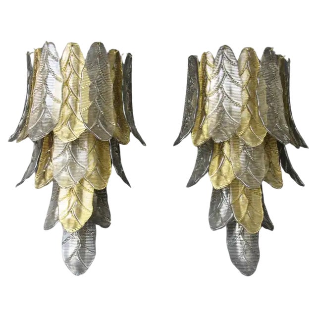 Long Textured Golden and Smoked Murano Glass Sconces in Palm Tree Shape from Barovier & Toso, 1990s, Set of 2 For Sale