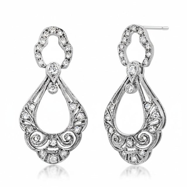Platinum Vintage Openwork Filigree Drop Earrings With 0.50ct Diamonds, A Pair For Sale In New York - Image 6 of 10