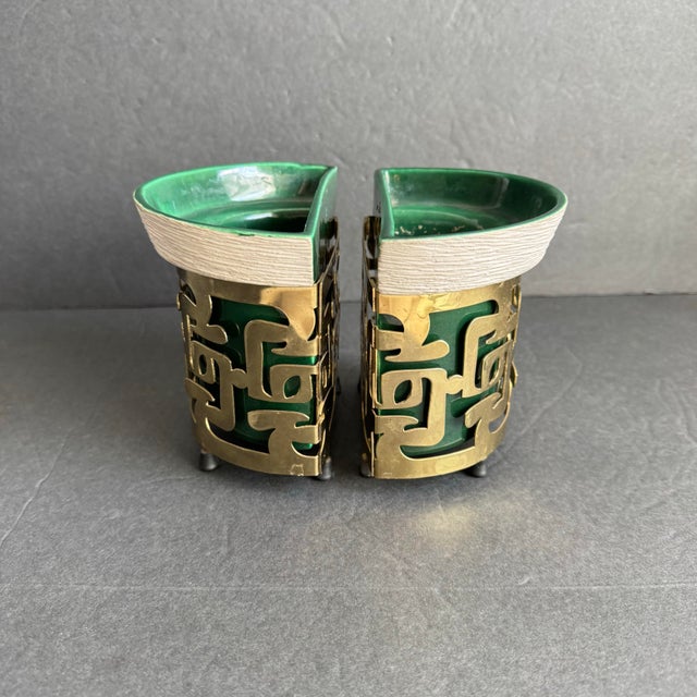 1950s Vintage Miramar California Pottery Planters Wall Pockets Green Gold Mid Century Modern For Sale - Image 5 of 12