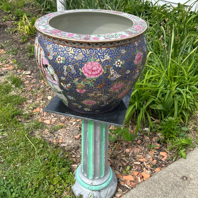 Gold Vintage Large Porcelain Hand Painted Medallion Chinese Famille Rose Fishbowl /Jardiniere For Sale - Image 8 of 12