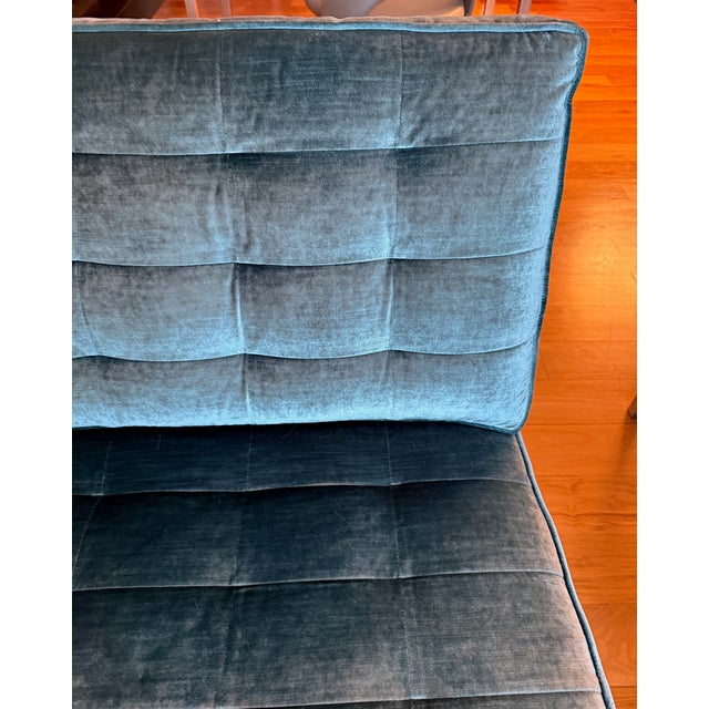 A pair of Mitchell Gold + Bob Williams Major Chairs in iridescent aquamarine velvet with polished stainless steel legs, in...