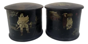 Antique Japanese Figural Black Lacquer Round Tea Box With Lid Pair