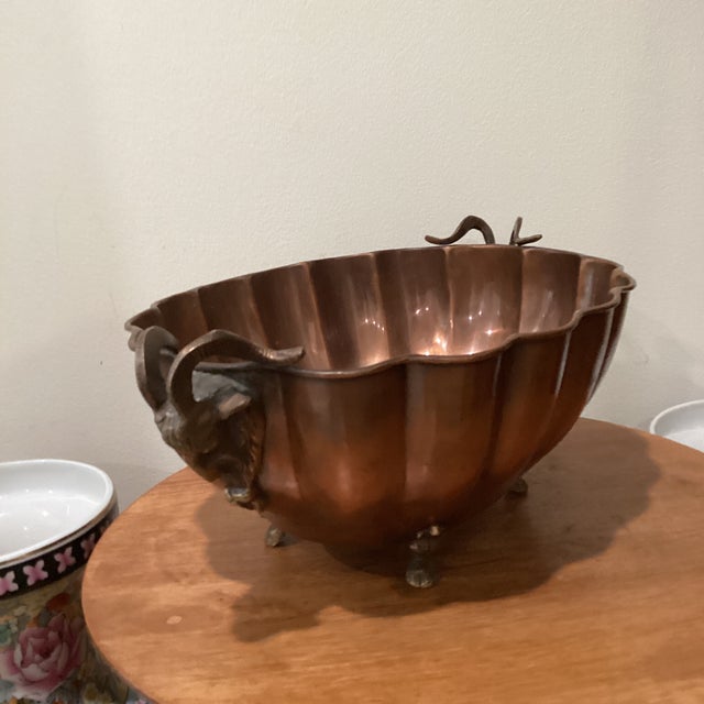 Vintage Scalloped Brass Jardinière Centerpiece Figural Ram Goat Head Handles For Sale - Image 10 of 12