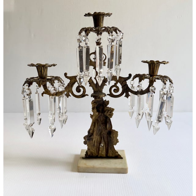 Antique Brass Soldier Victorian 3 Arm Girandole Candlestick With Marble Base & Prisms For Sale - Image 14 of 17