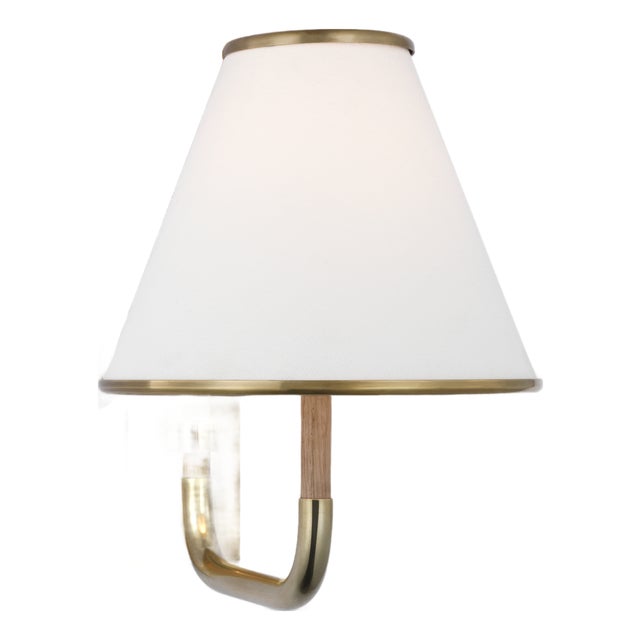 Marie Flanigan for Visual Comfort Signature Rigby Small Sconce in Soft Brass and Natural Oak with Linen Shade For Sale