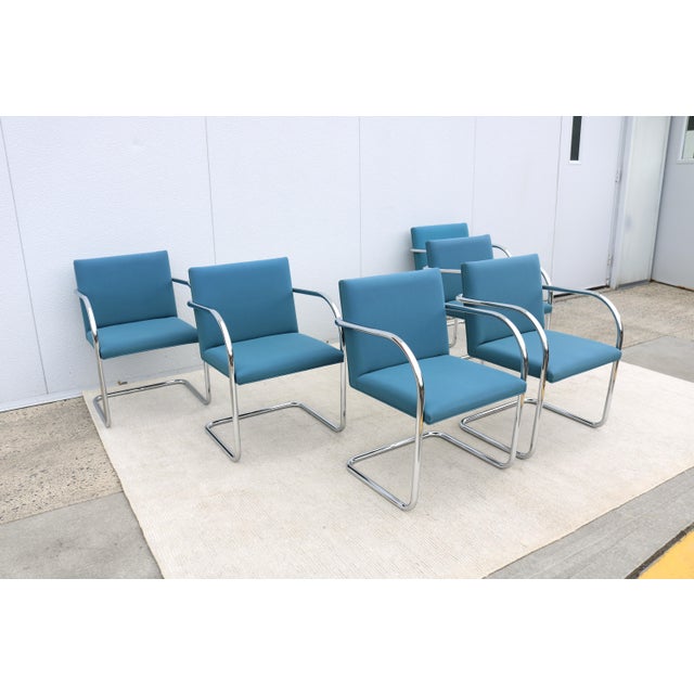 2010s MCM Ludwig Mies Van Der Rohe Brno Tubular Chairs Blue Fabric by Gordon, Set of 6 For Sale - Image 5 of 18