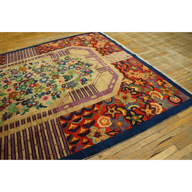 1920s Tan Camel Floral Antique Chinese Art Deco Rug 8' 9" X 11' 6" Handknotted Wool Carpet For Sale In New York - Image 6 of 11