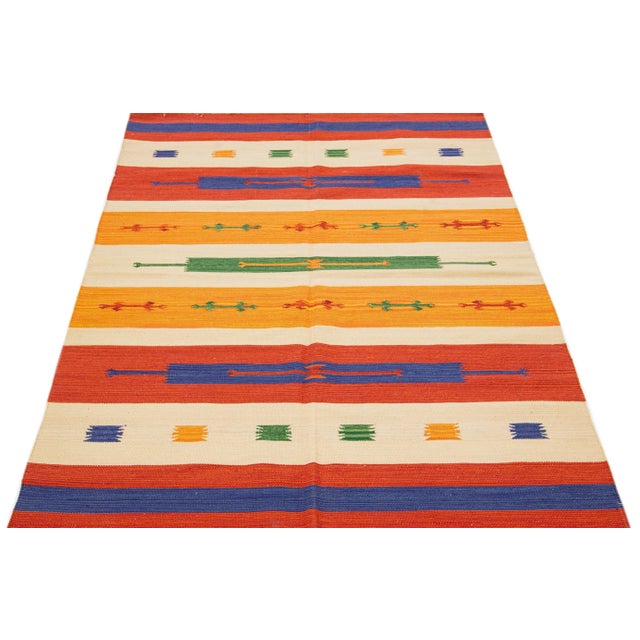 Modern 2020s Modern Kilim Handmade Multicolor Geometric Wool Rug For Sale - Image 3 of 7