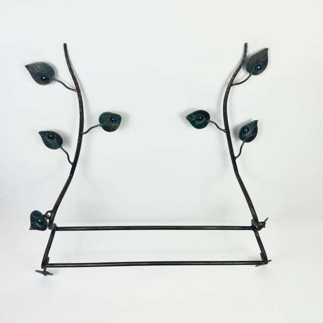 Metal Hand Forged Iron Wall Towel Rack (82cm) Antique Copper Branch Design with Glass Bead Leaves For Sale - Image 7 of 10
