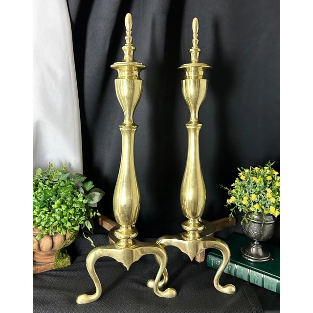 Vintage Federal Styled Andirons Solid Brass Cast Iron Legs Fire Dogs - a Pair For Sale In Phoenix - Image 6 of 7