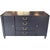 Vintage sideboard featuring a deep navy painted finish with warm brass hardware and a stained wood top. Four center...