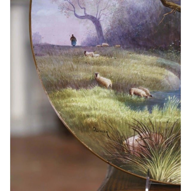 Green 19th Century French Hand-Painted Porcelain Charger With Sheep, Signed Olivier For Sale - Image 8 of 10