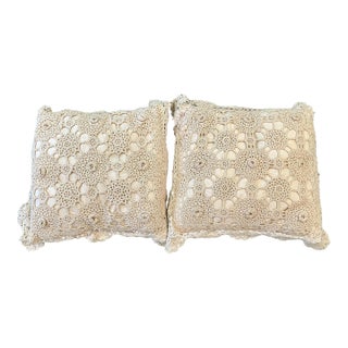 Vintage Pair Accent Pillows Crochet Lace and Rosette Overlay Cotton in Ivory Cream For Sale