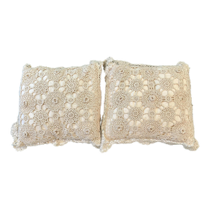 Vintage Pair Accent Pillows Crochet Lace and Rosette Overlay Cotton in Ivory Cream
