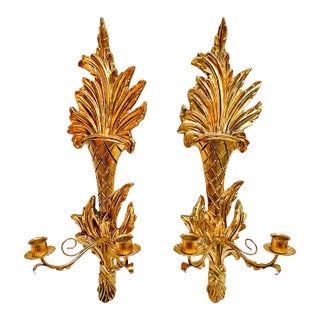 1960 Italian Rococo Giltwood & Tole Two-Arm Candlestick Wall Sconces - A Pair For Sale