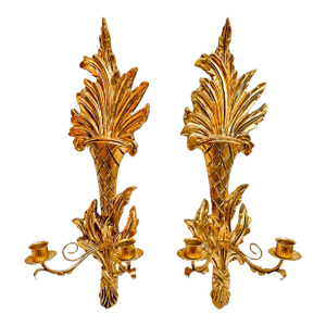 1960 Italian Rococo Giltwood & Tole Two-Arm Candlestick Wall Sconces - A Pair