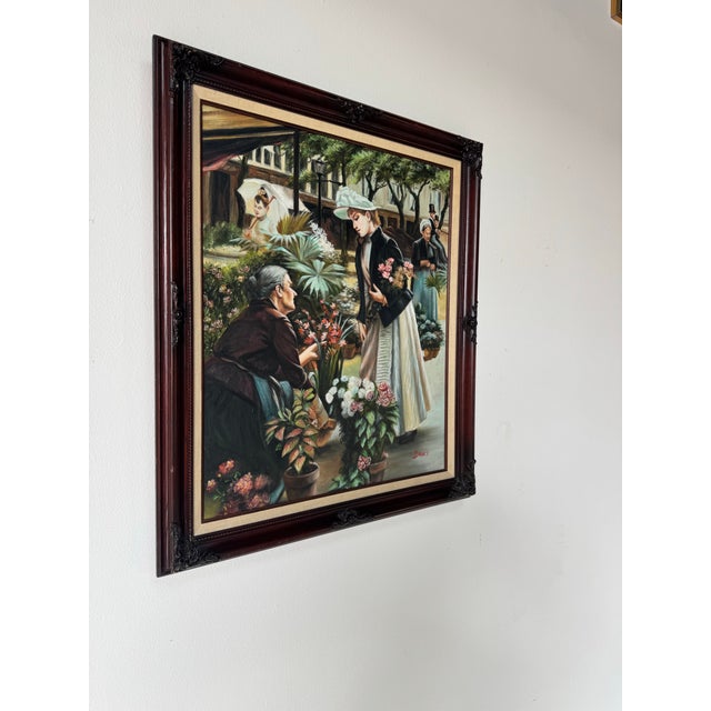 Beautiful 1970s vintage oil painting signed Bruce, depicting a romantic European-style floral market scene featuring women...